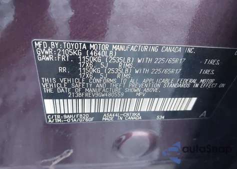 2016 Toyota Rav4 Le из США, поврежденный, VIN 2T3BFREV9GW480559